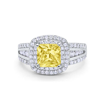 Halo Wedding Ring Princess Simulated Yellow CZ 925 Sterling Silver